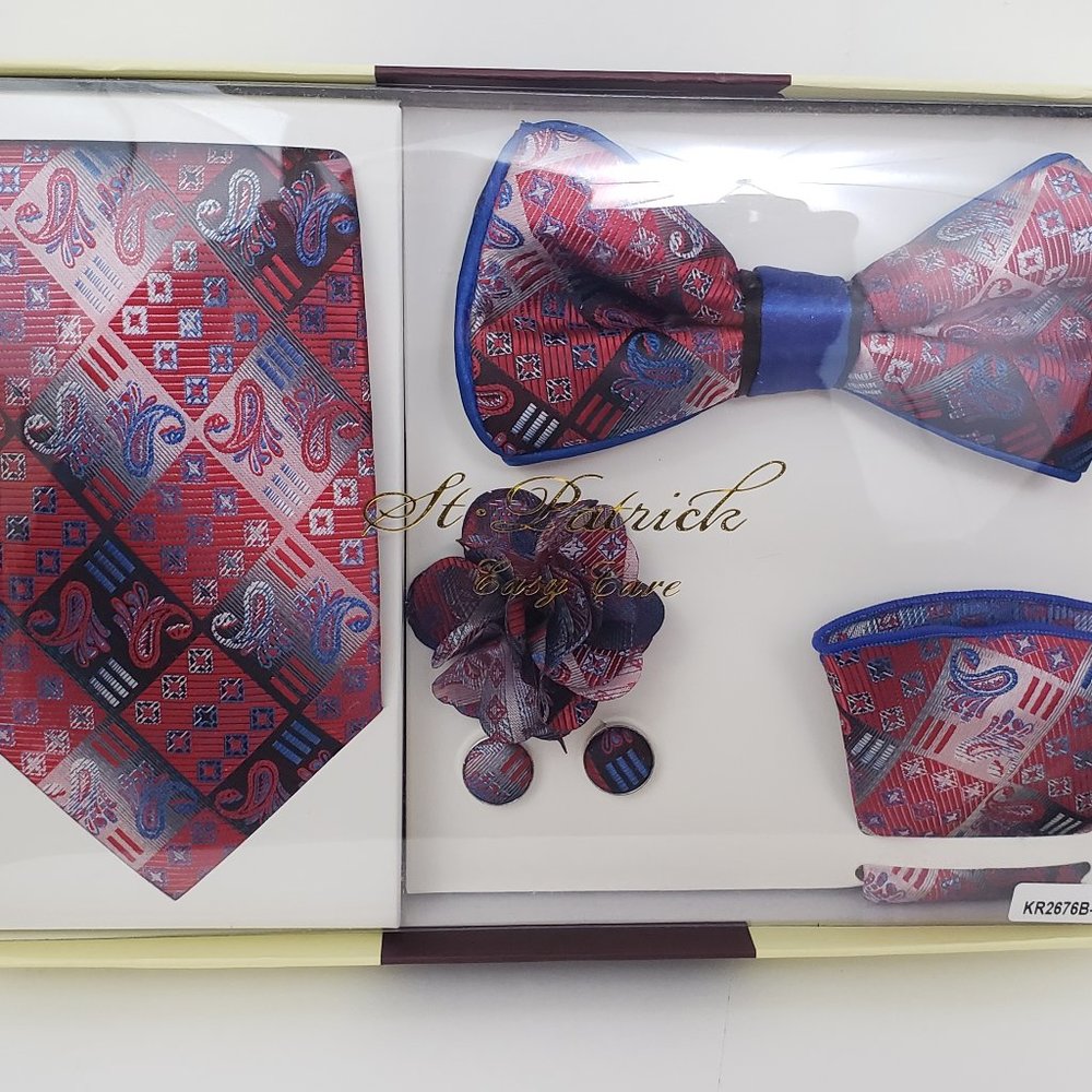 Blue Red Bow Tie & Necktie Bud Hanky CuffLink Set - Picture 8 of 8
